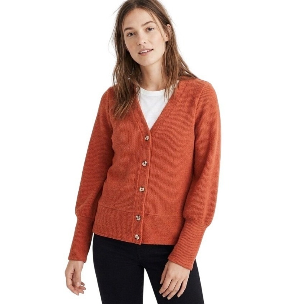Madewell Cardiganā Women XS Burnt Orange Ribbed Balloon Sleeve V-Neck Button Up